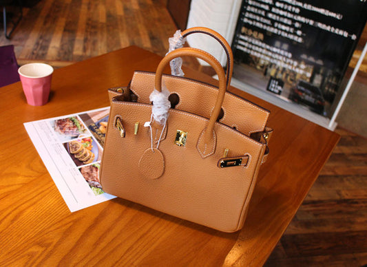 Women's Khaki Cowhide Genuine Leather Litchi Pattern Handbags