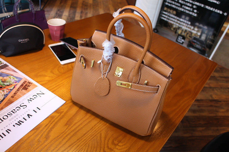 Women's Khaki Cowhide Genuine Leather Litchi Pattern Handbags
