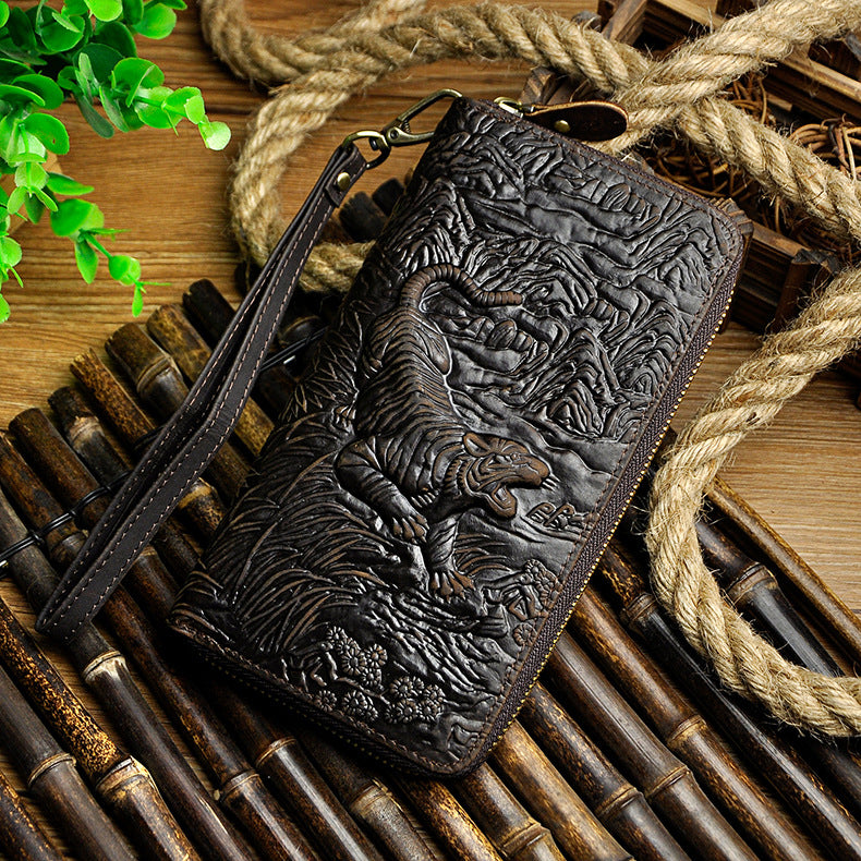 Men's Crazy Horse Skin Cowhide Long Tiger Dragon Crocodile Men's Wallets