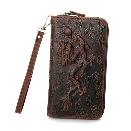 Men's Top Layer Cowhide Long Dragon Tiger Pattern Handmade Retro Ladies Wallets
