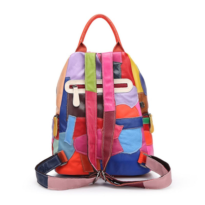 Women's Stylish Fashion Leather Cowhide Stitching Backpacks