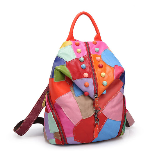 Women's Stylish Fashion Leather Cowhide Stitching Backpacks