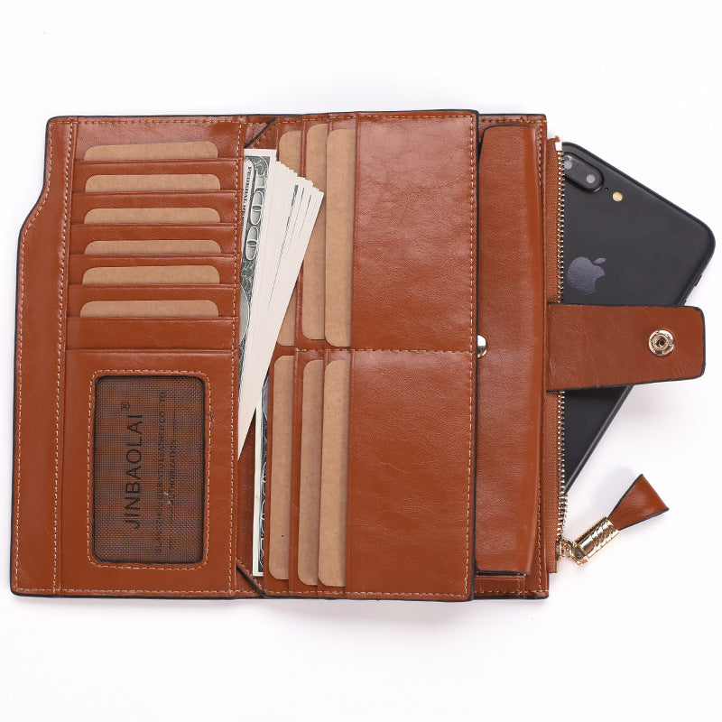 Women's Leather Retro Oil Long Multiple Slots Ladies Wallets