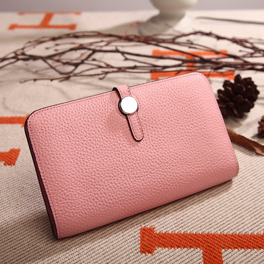 Top Layer Cowhide Lychee Pattern Korean Style Long Genuine Ladies Wallets