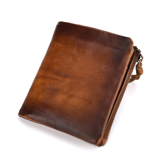 Men's Cowhide Vintage Double Zipper Genuine Leather Retro Men's Wallets