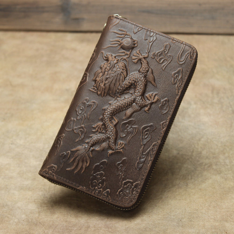 Men's Top Layer Cowhide Long Dragon Tiger Pattern Handmade Retro Ladies Wallets