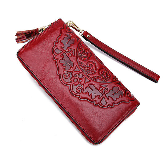 Women's Leather Retro Cowhide Long Chinese Style Multiple Ladies Wallets