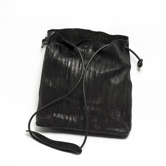 Women's Niche Personality Pleated Sheepskin Vintage Black Crossbody Bags