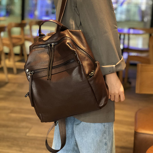 Women's Layer Cowhide Leather Fashionable Soft Korean Style Backpacks