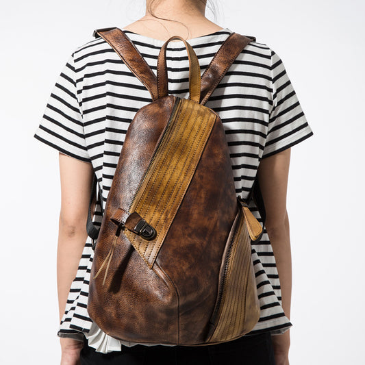 Women's First Layer Leather Female Contrast Color Backpacks