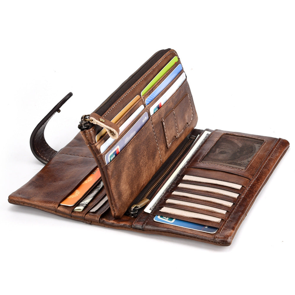 Cattlehide Leather Fashion Long Patchwork Multiple Slots Men's Wallets