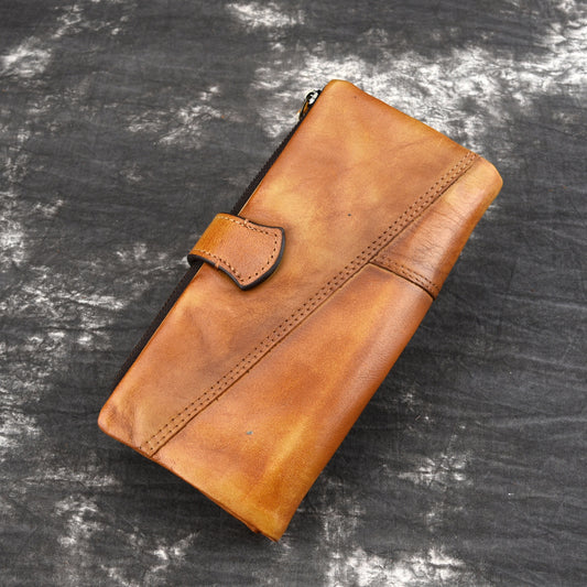 Cattlehide Leather Fashion Long Patchwork Multiple Slots Men's Wallets