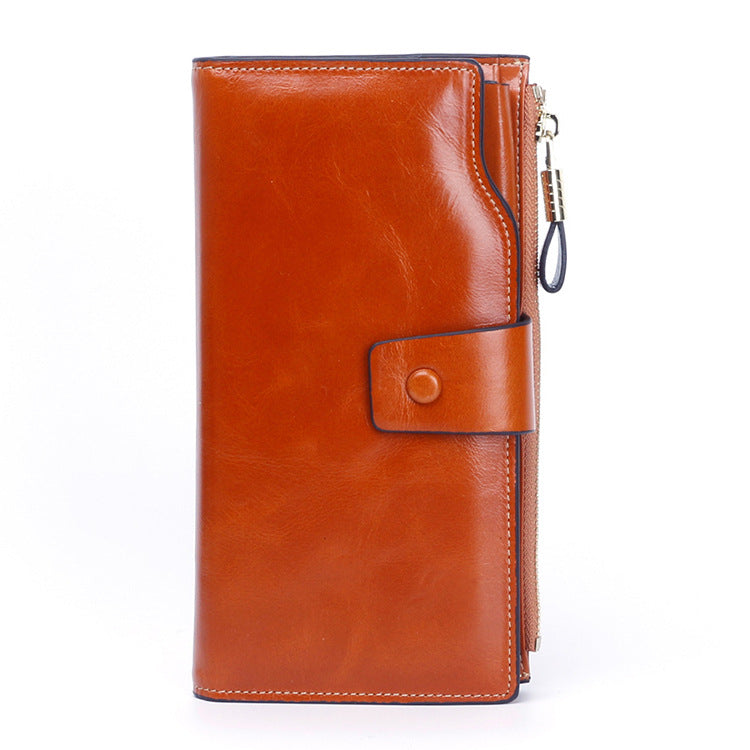 Women's Swiping Long Oil Wax Mobile Clutch Ladies Wallets
