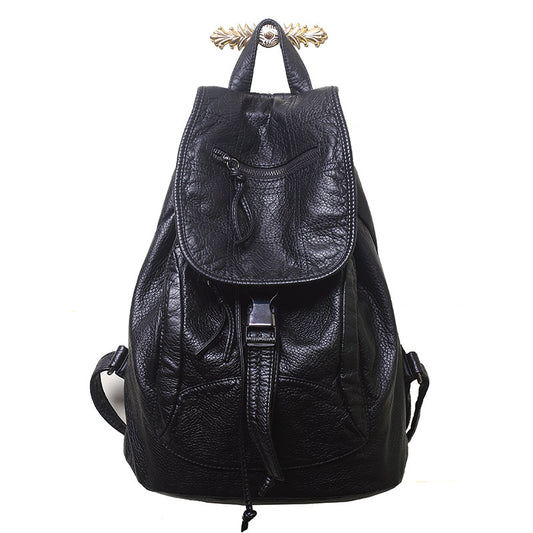 Women's Fashion Washed Soft Leather Sheepskin Pattern Large Capacity Leisure Backpacks