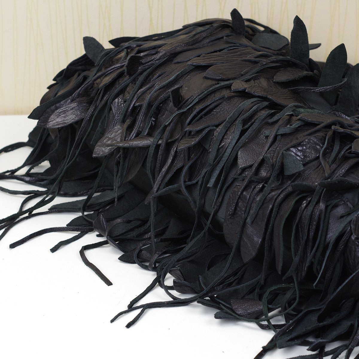 Women's Leather Soft Black Striped Tassel Shoulder Bags