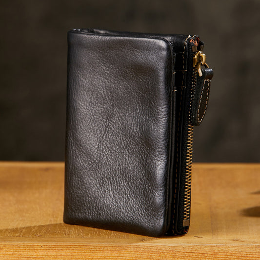 Men's Short Genuine Leather Vertical Zipper Green Individual Men's Wallets