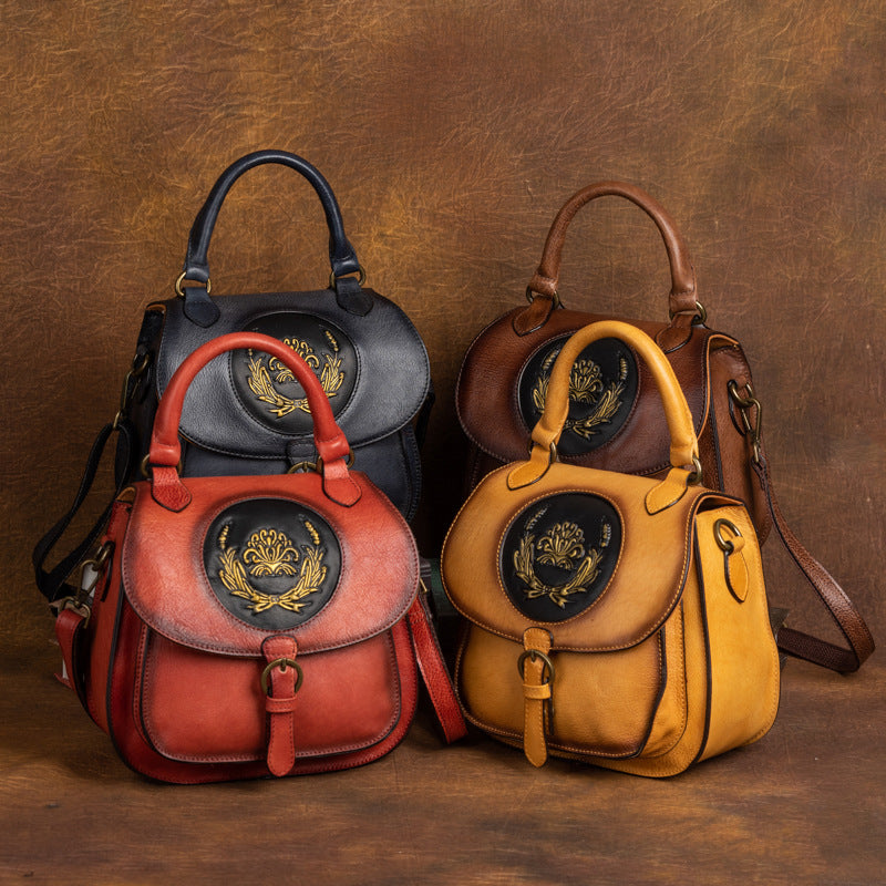 Women's Retro Cow Leather Chinese Style Embossed Backpacks