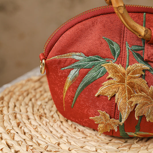 Women's Style Portable Embroidery Pumpkin Bamboo Maple Crossbody Bags