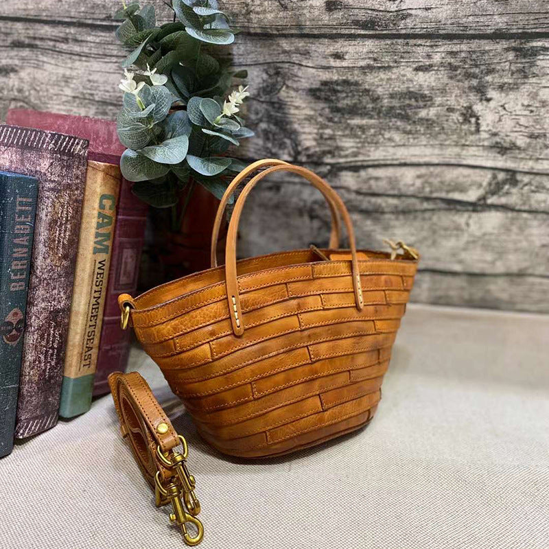 Women's Street Art Washed Vegetable Basket Stitching Shoulder Bags