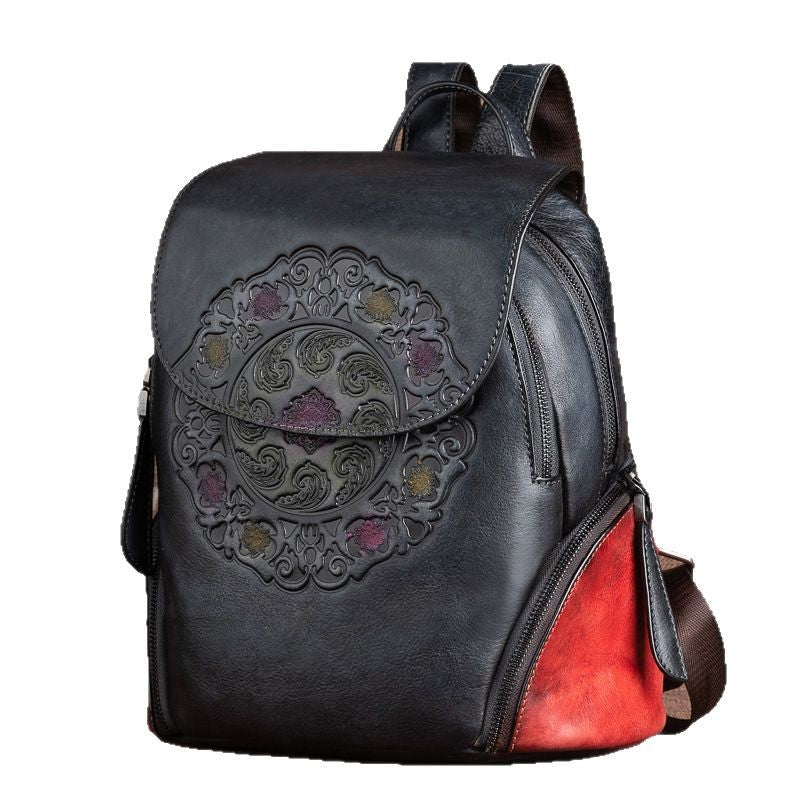 Chinese Style First Layer Cowhide Embossed Backpacks