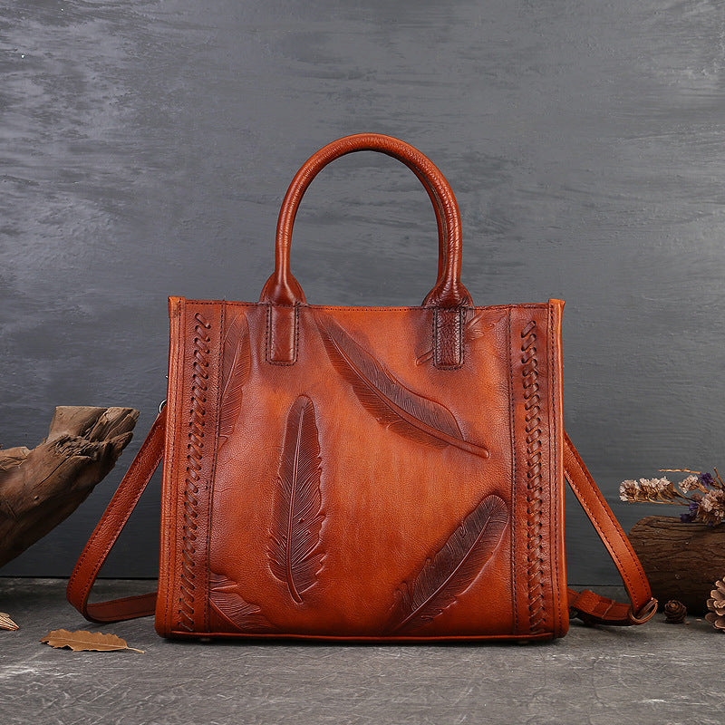 Women's Leather First Layer Cowhide Retro Feather Handbags