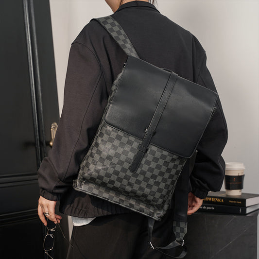 Men's Checked Fashion Leather Flip Computer Backpacks