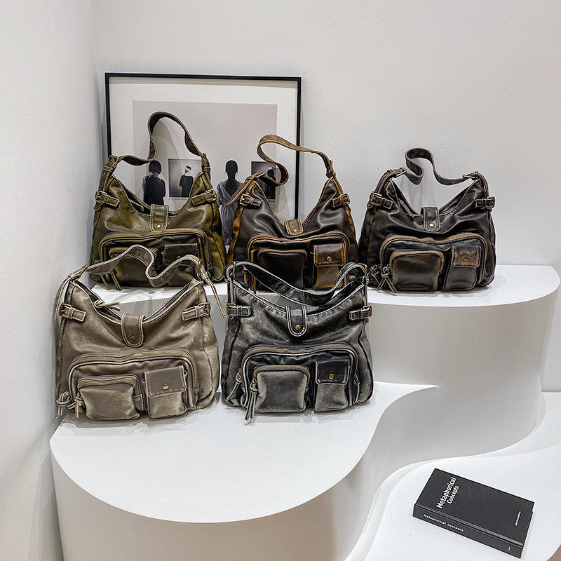 Female Retro Textured Washed Leather Oil Shoulder Bags