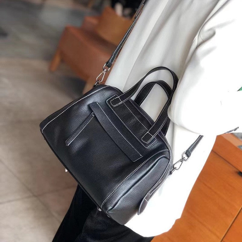 Women's Classic Elegant Boston Litchi Pattern Genuine Shoulder Bags