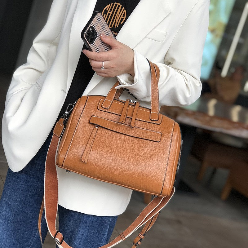 Women's Classic Elegant Boston Litchi Pattern Genuine Shoulder Bags