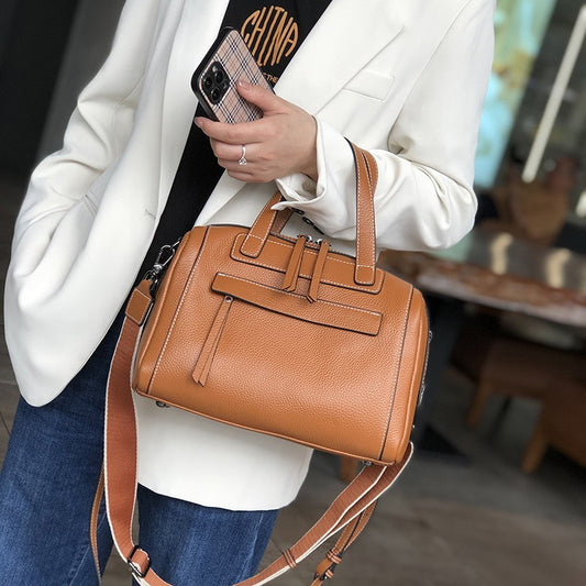 Women's Classic Elegant Boston Litchi Pattern Genuine Shoulder Bags