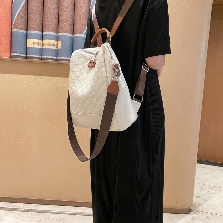 Women's Fashionable High-grade Design Chessboard Plaid Leather Backpacks