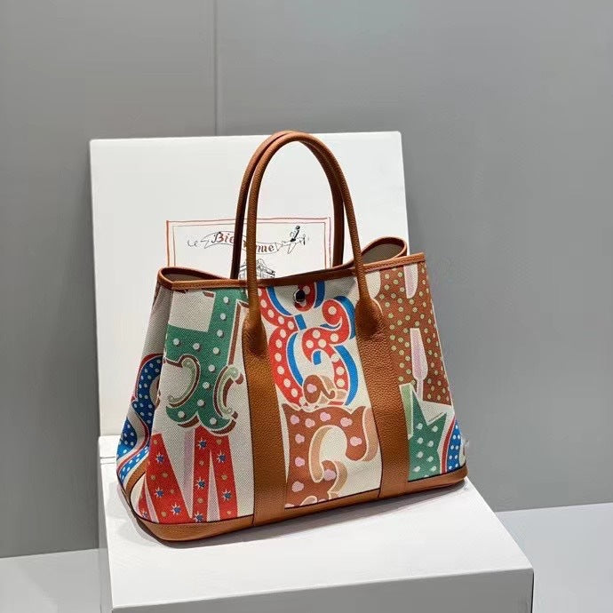 Inch Iti Painted Canvas Stitched Cowhide Large Shoulder Bags