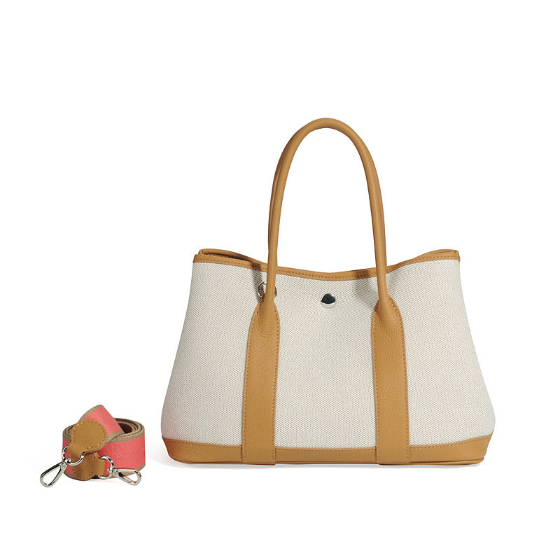 Large Capacity Canvas Stitching Contrast Color Genuine Cattlehide Leather Crossbody Bags