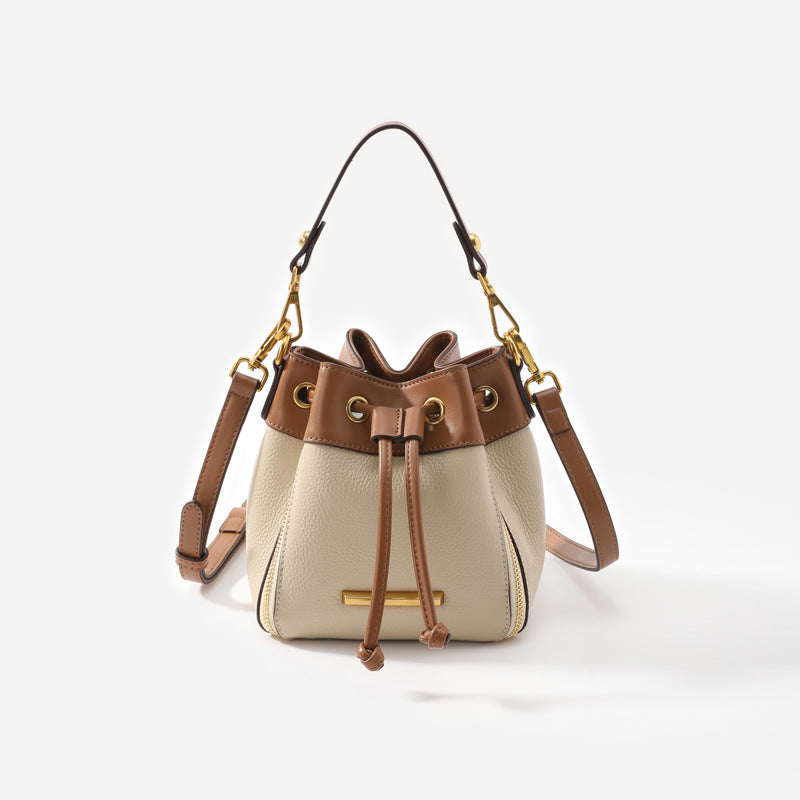 Women's Niche Mini Drawstring Contrast Color Genuine Crossbody Bags