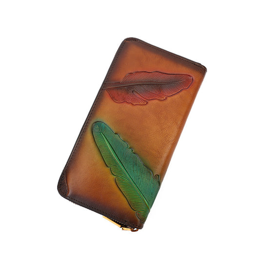Women's Plant Embossed Long Genuine Leather Clutch Ladies Wallets