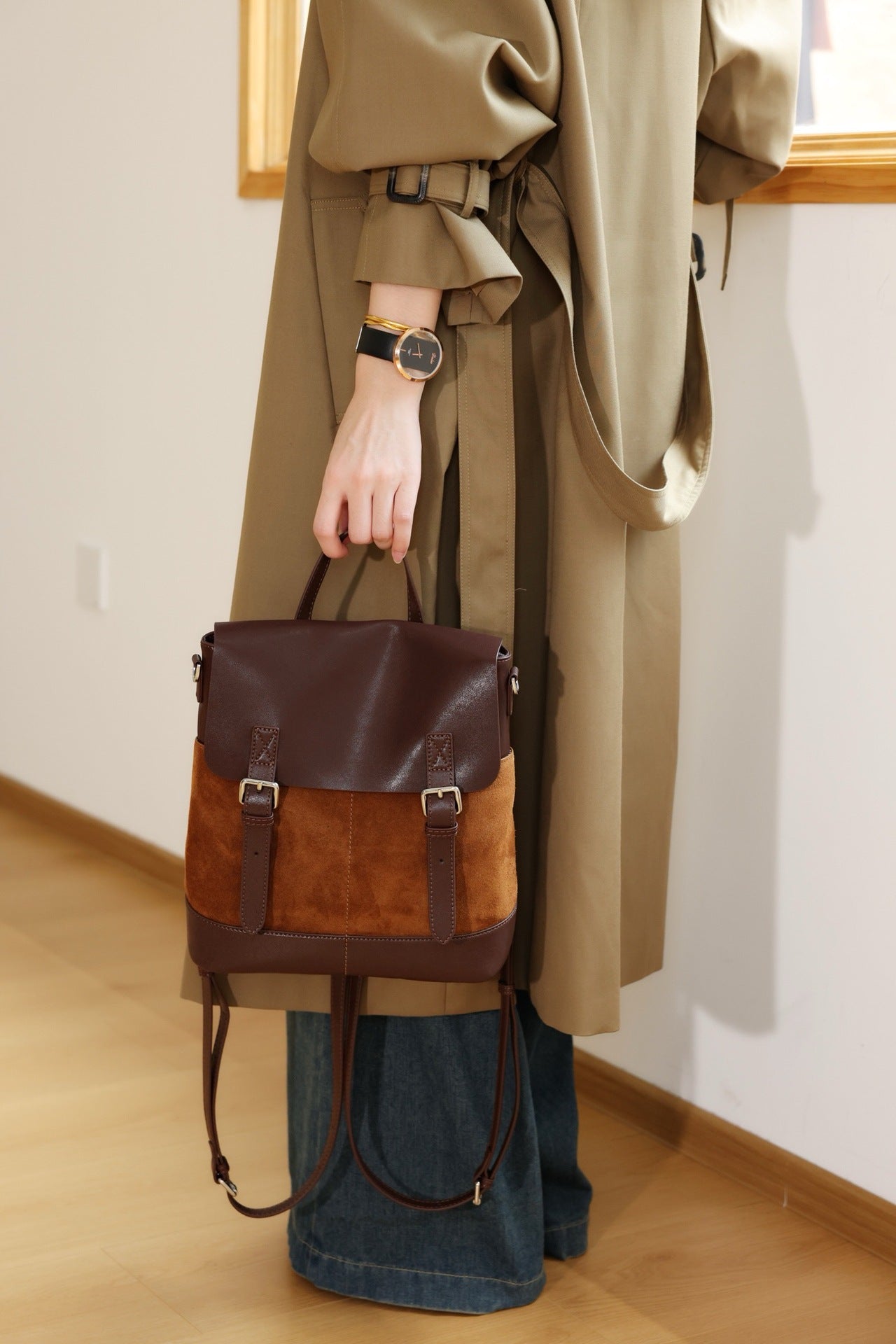 Women's Matte Leather Contrast Color Large Capacity Bags