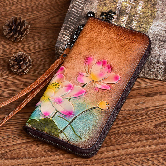 Women's Chinese Long First Layer Cowhide Zipper Mobile Embossed Ladies Wallets