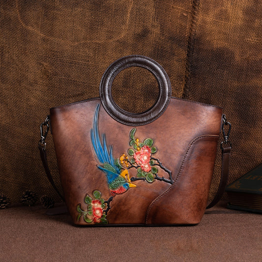 Women's Genuine Leather Vintage First Layer Cowhide Embossed Handbags