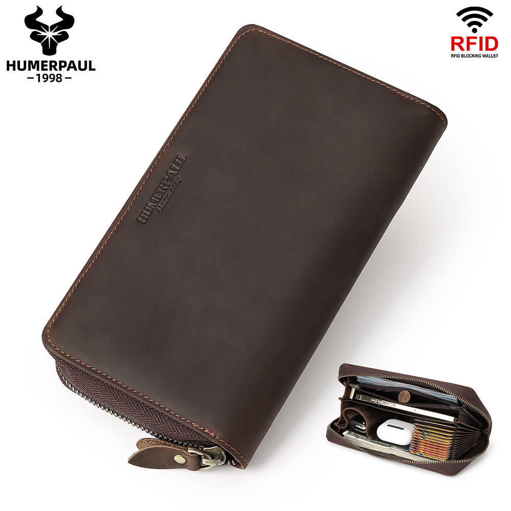 Men's First Layer Cowhide Vintage Zipper Multiple Slots Genuine Leather Men's Handbags