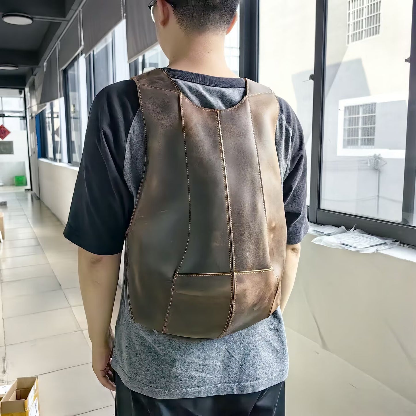 Men's Horse Leather Retro Dark Brown Preppy Backpacks