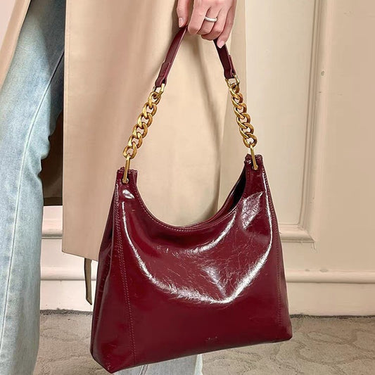 Women's Red High-grade Bright Leather Bridal Underarm Shoulder Bags