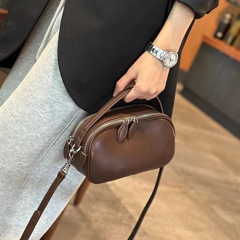 Women's Summer Genuine Leather Double Zipper Portable Crossbody Bags