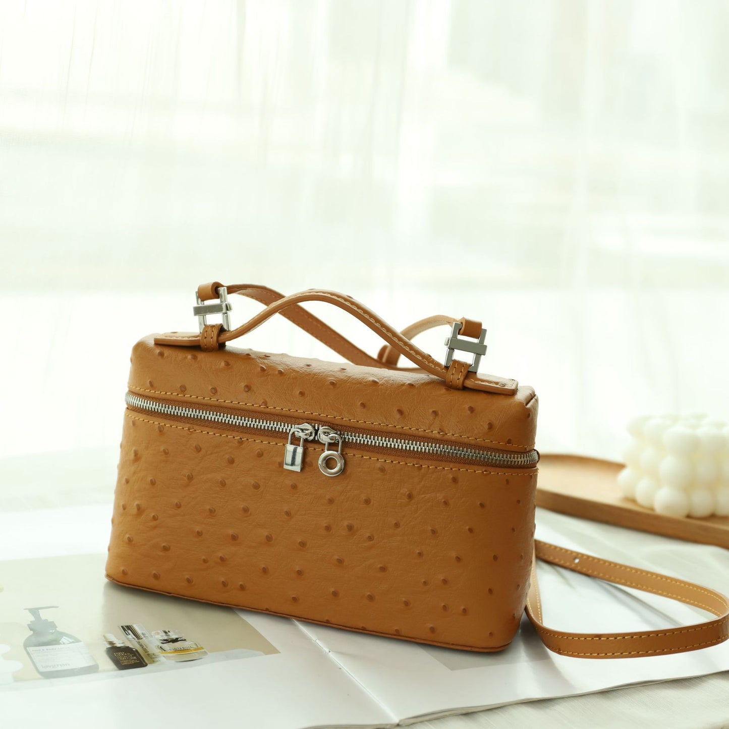Women's First Layer Cowhide Ostrich Grain Lunch Box High-grade Crossbody Bags