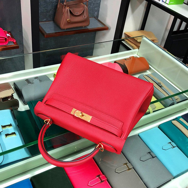 Women's Kelly Cow Leather Litchi Pattern Portable Shoulder Bags