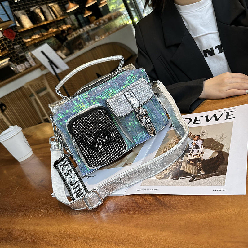 Women's Fashionable Rhinestone Contrast Color Crack Glossy Shoulder Bags