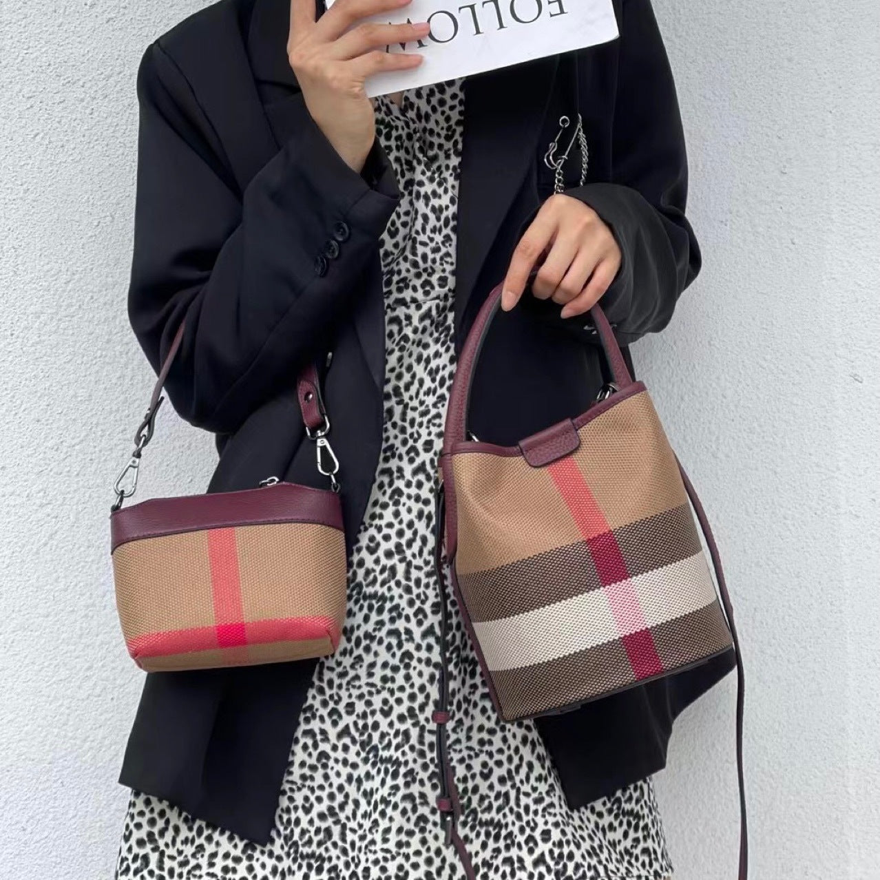 Women's Fashion Genuine Leather Fashionable Plaid Cowhide Bags