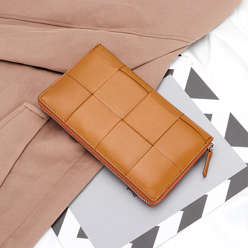 Sheepskin Large Woven Long Fashion Genuine Leather Zipper Ladies Wallets