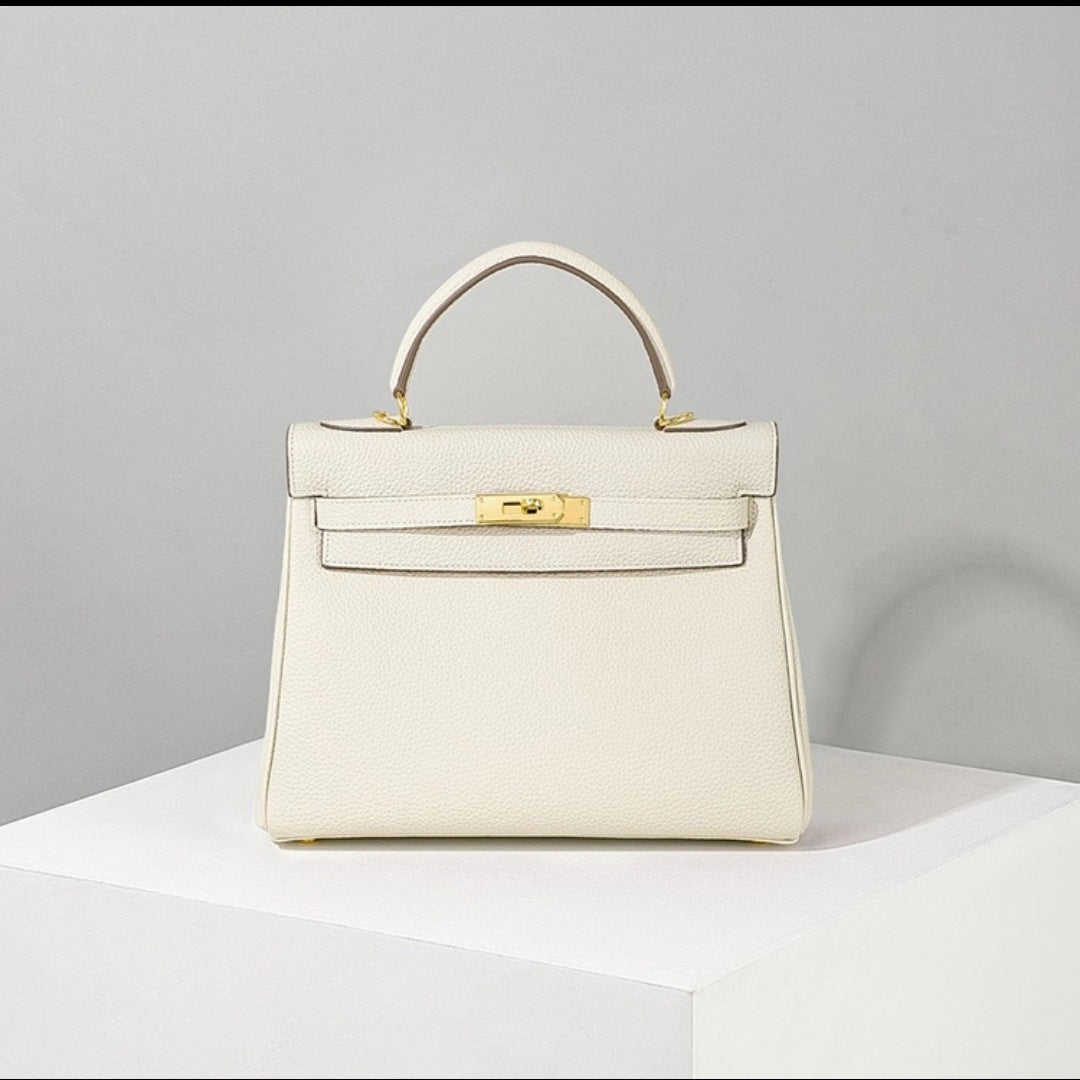 Women's First Layer Cowhide Lychee Pattern Kelly Shoulder Bags