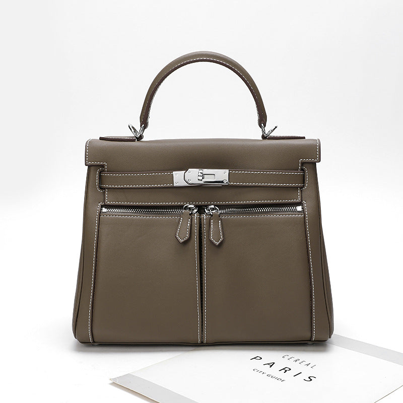 Women's Leather Retro Double Pocket Zipper Wide Handbags