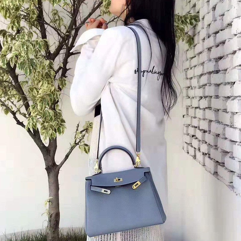Women's Kelly Cow Leather Litchi Pattern Portable Shoulder Bags